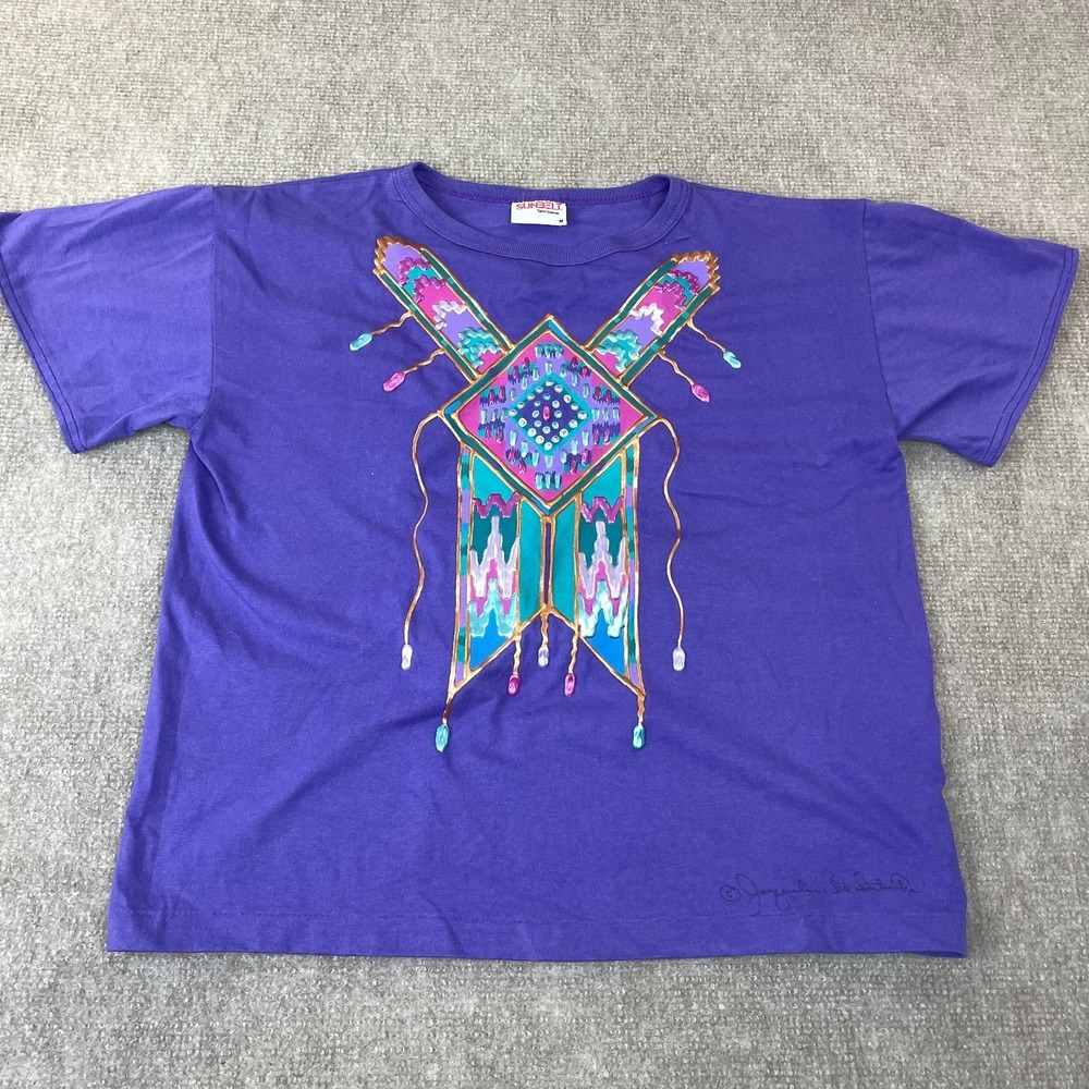 VTG 90s Sunbelt Sportswear Jacqueline De Ribes Purple Puff Paint Aztec T Shirt M